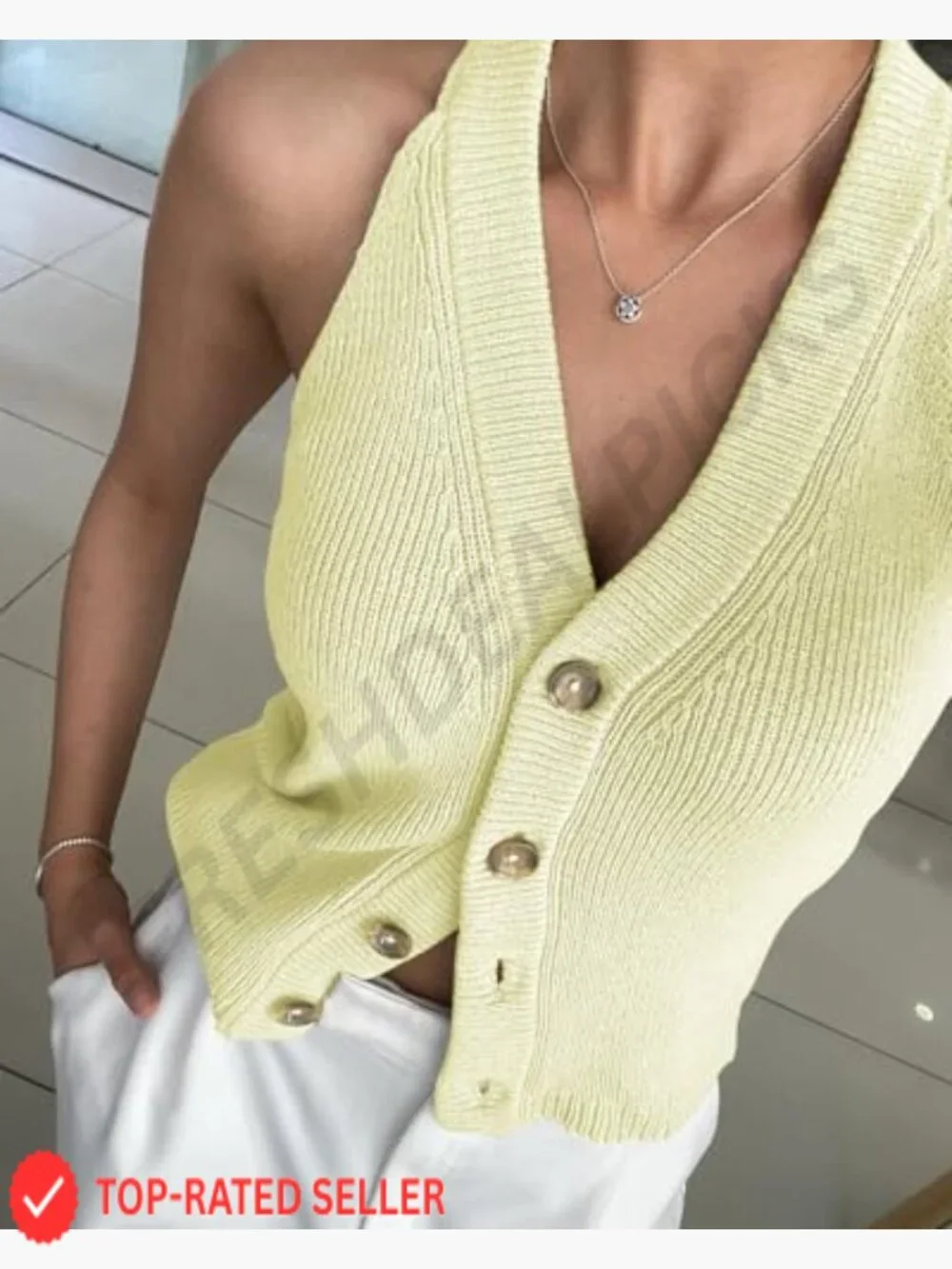 Button-Front Sweater Vest V-Neck Sleeveless Knit Tank Fitted Halter Cardigan - Picture 5 of 7